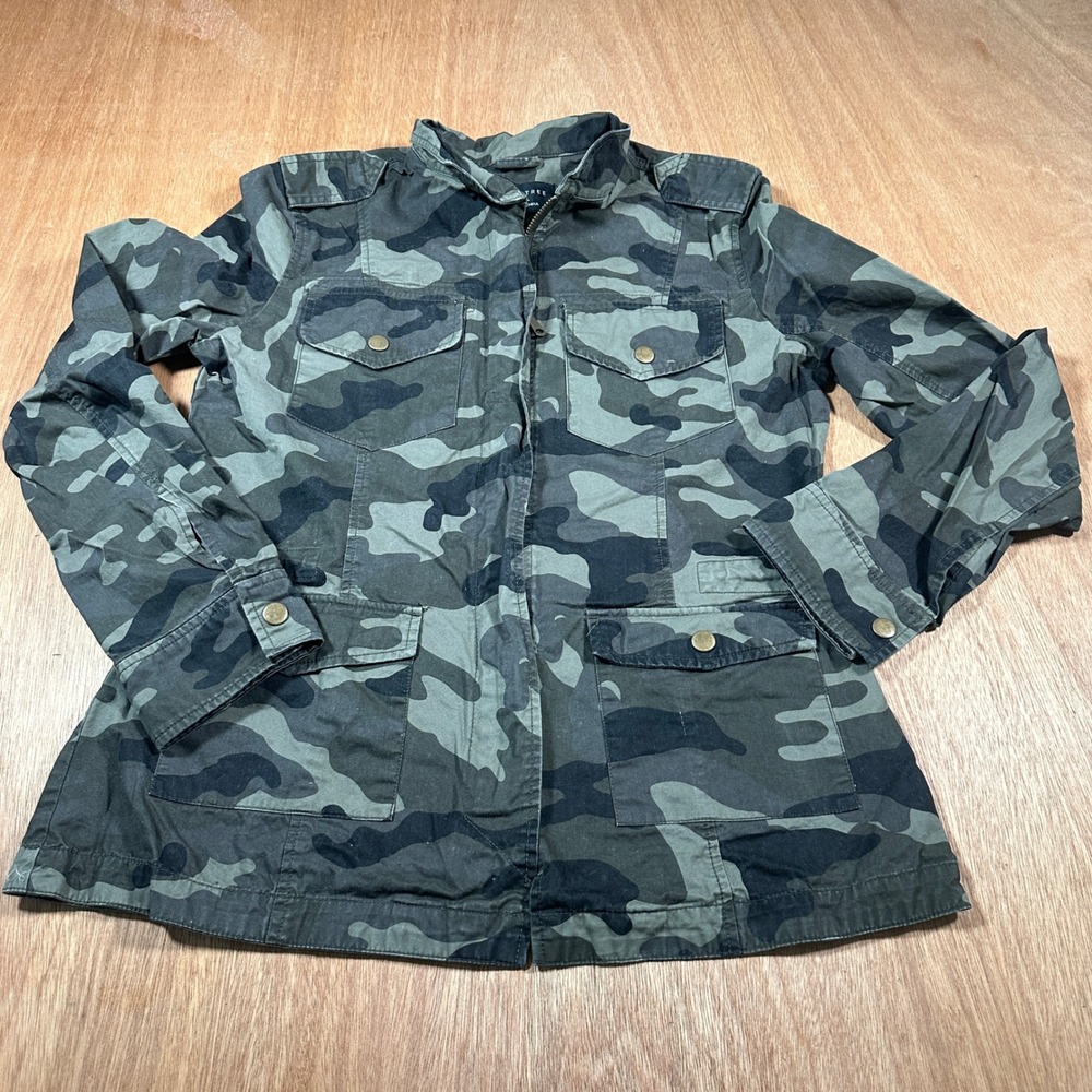 Love Tree Utility Jacket Women Small Green Camo Military Full Zip Cotton Coat